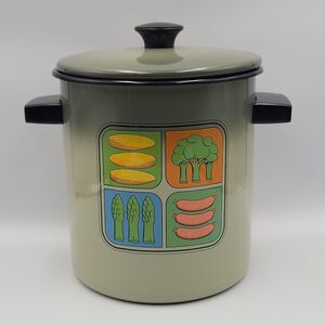 Vintage 70s Avocado Green Enamel Stock Pot w/ Steamer Insert 8" Veggie Pattern